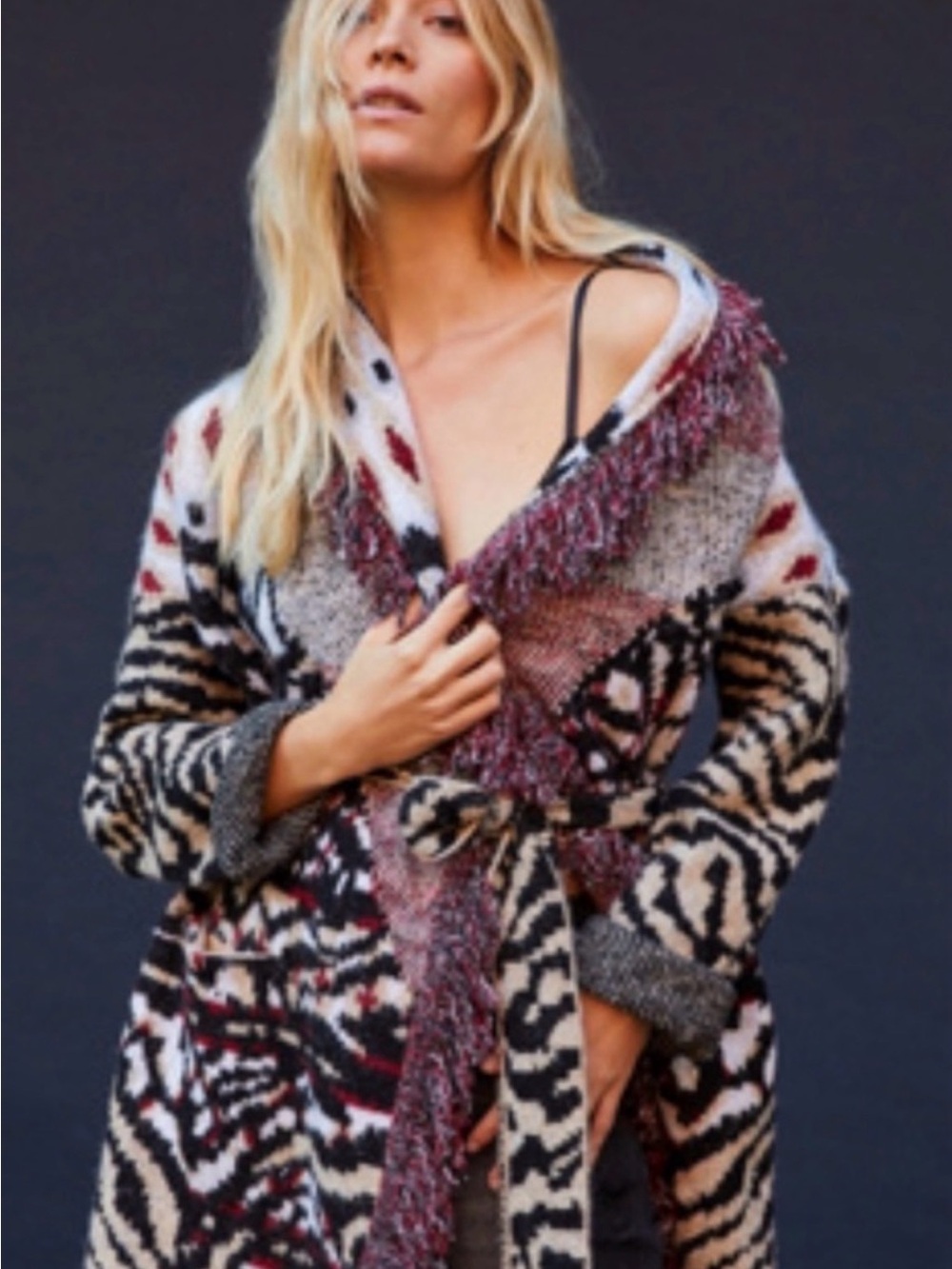 Anthropologie Paloma Fringed Cardigan Animal Print Belted Boho duster Sz medium